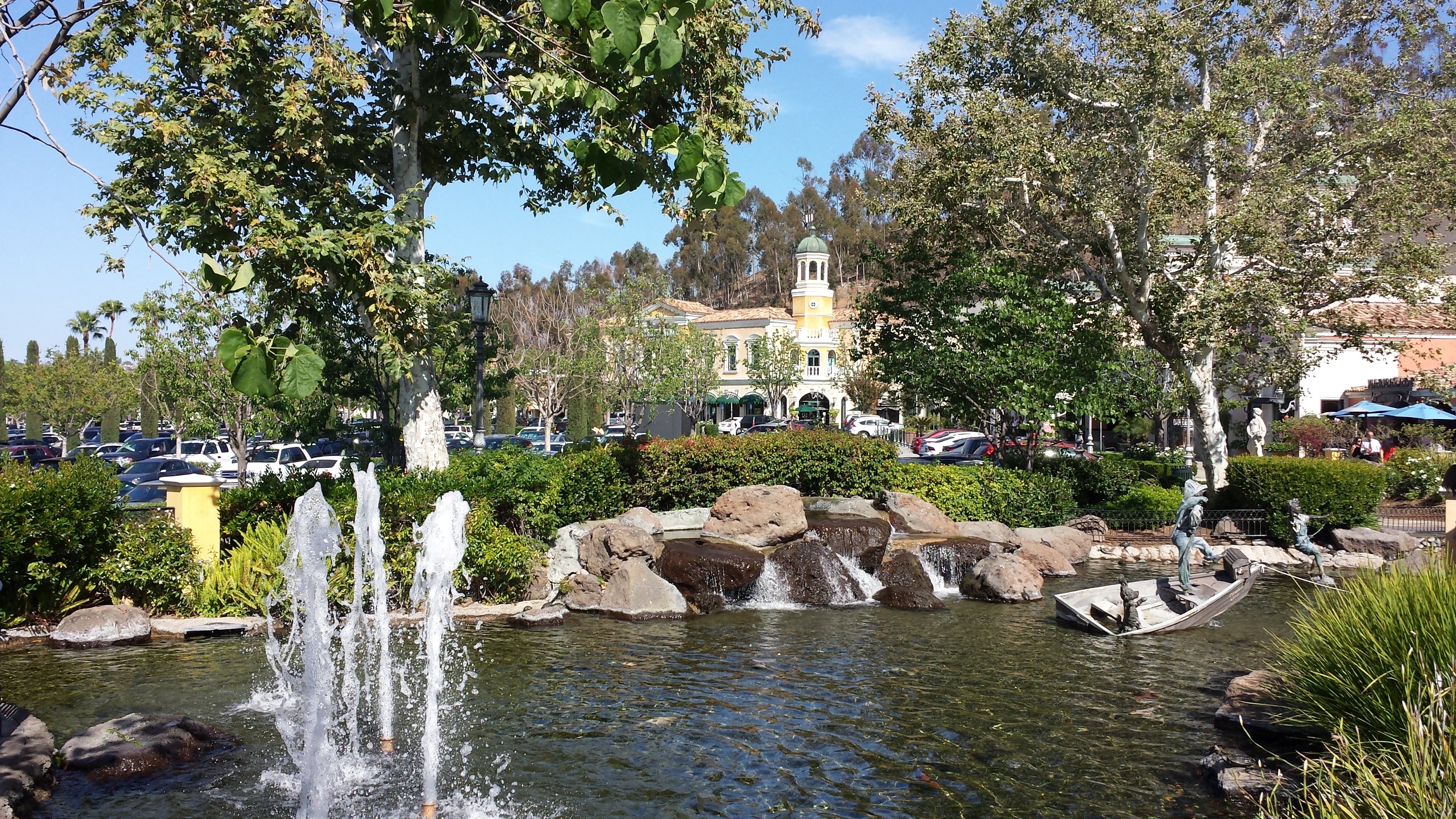 The Commons at Calabasas shopping center with its courtyard fountain and clock tower