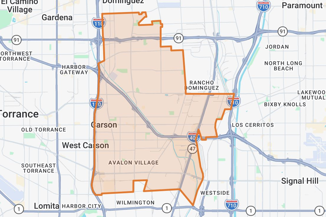 Map context for Carson, showing city boundaries and surrounding South Bay and Harbor-area corridors