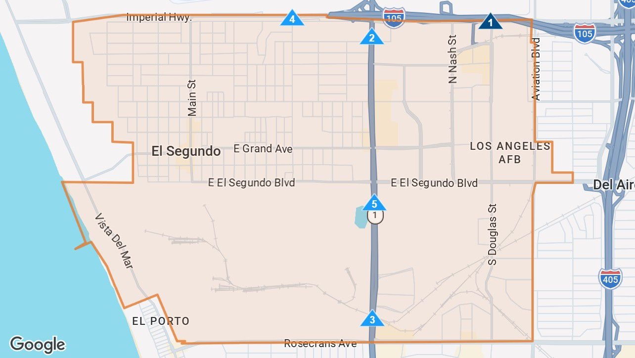 Map context for El Segundo, showing city boundaries and major movement corridors