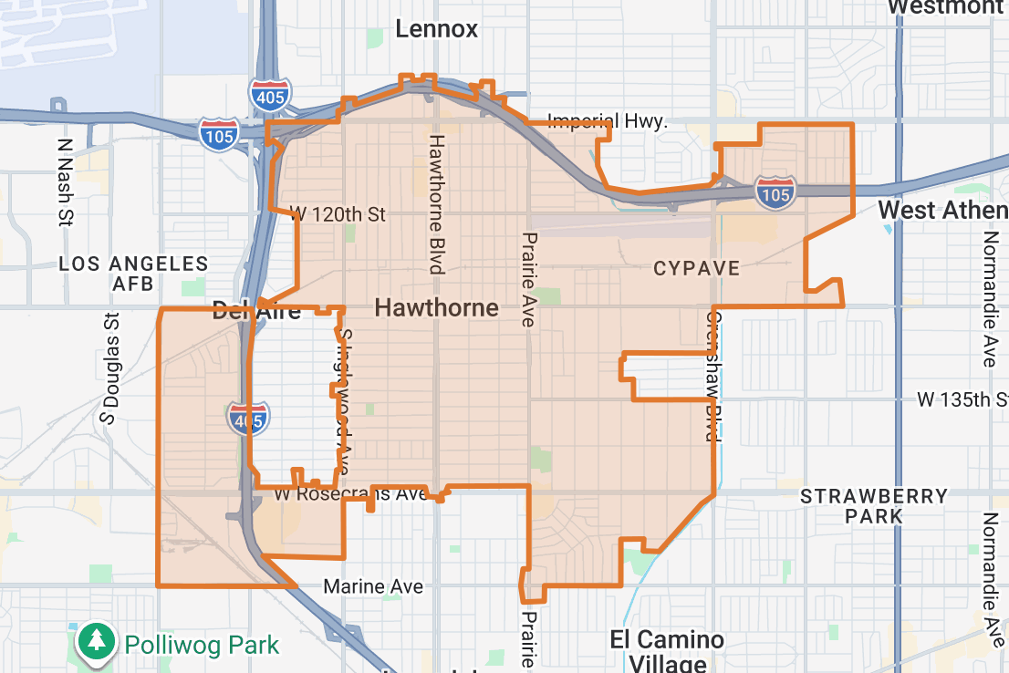 Map context for Hawthorne showing the city boundary and nearby South Bay corridors