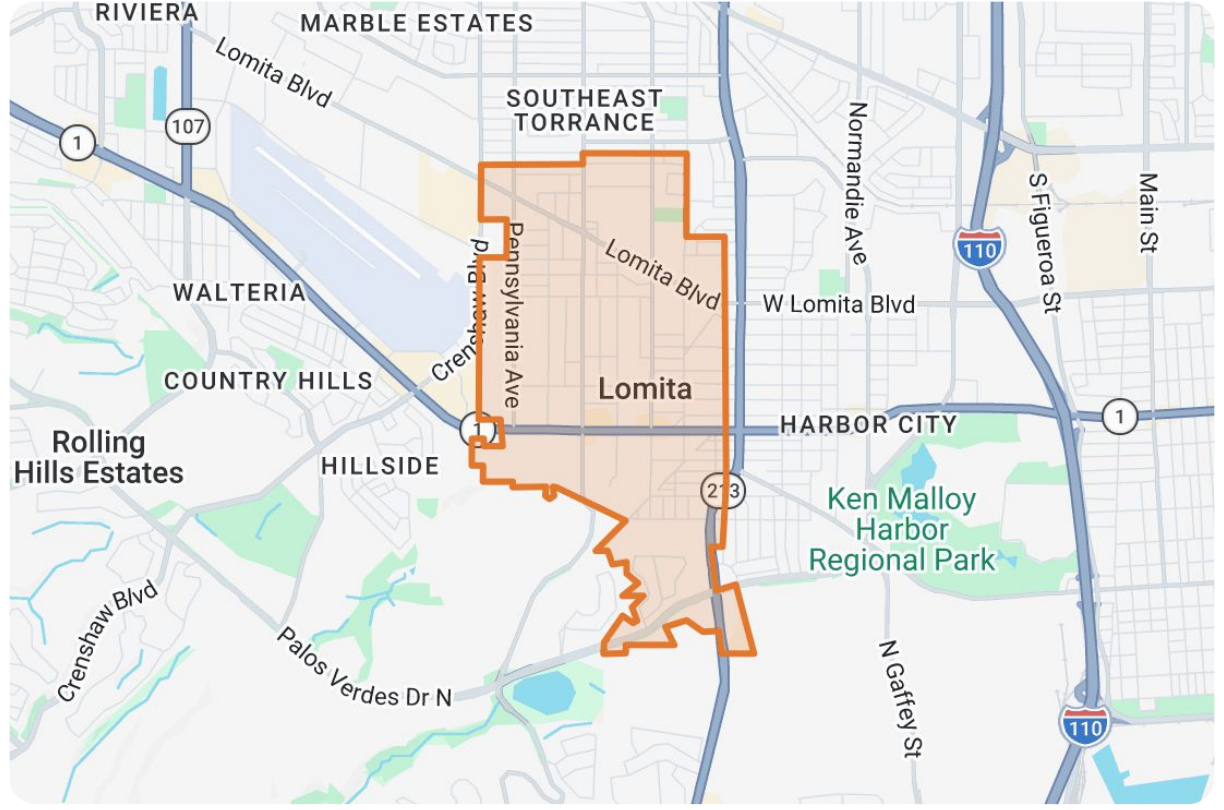 Map of Lomita and nearby South Bay corridors