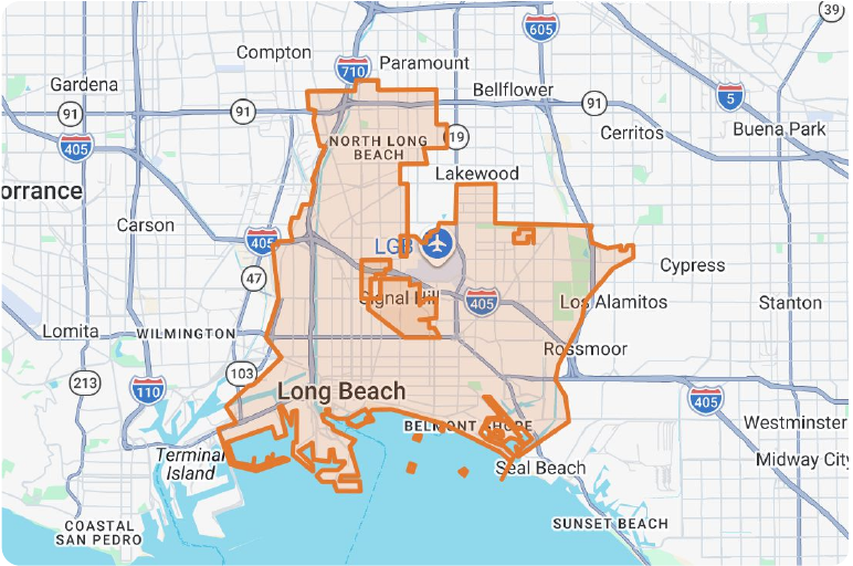 Map of Long Beach and surrounding coastal, freeway, and inland context