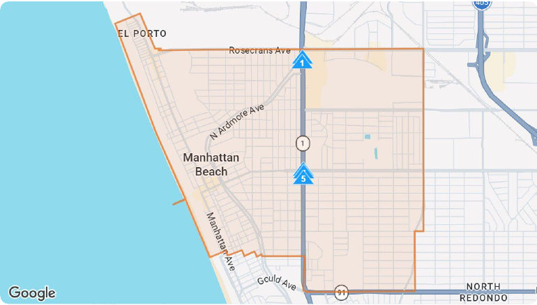 Map of Manhattan Beach and nearby corridors