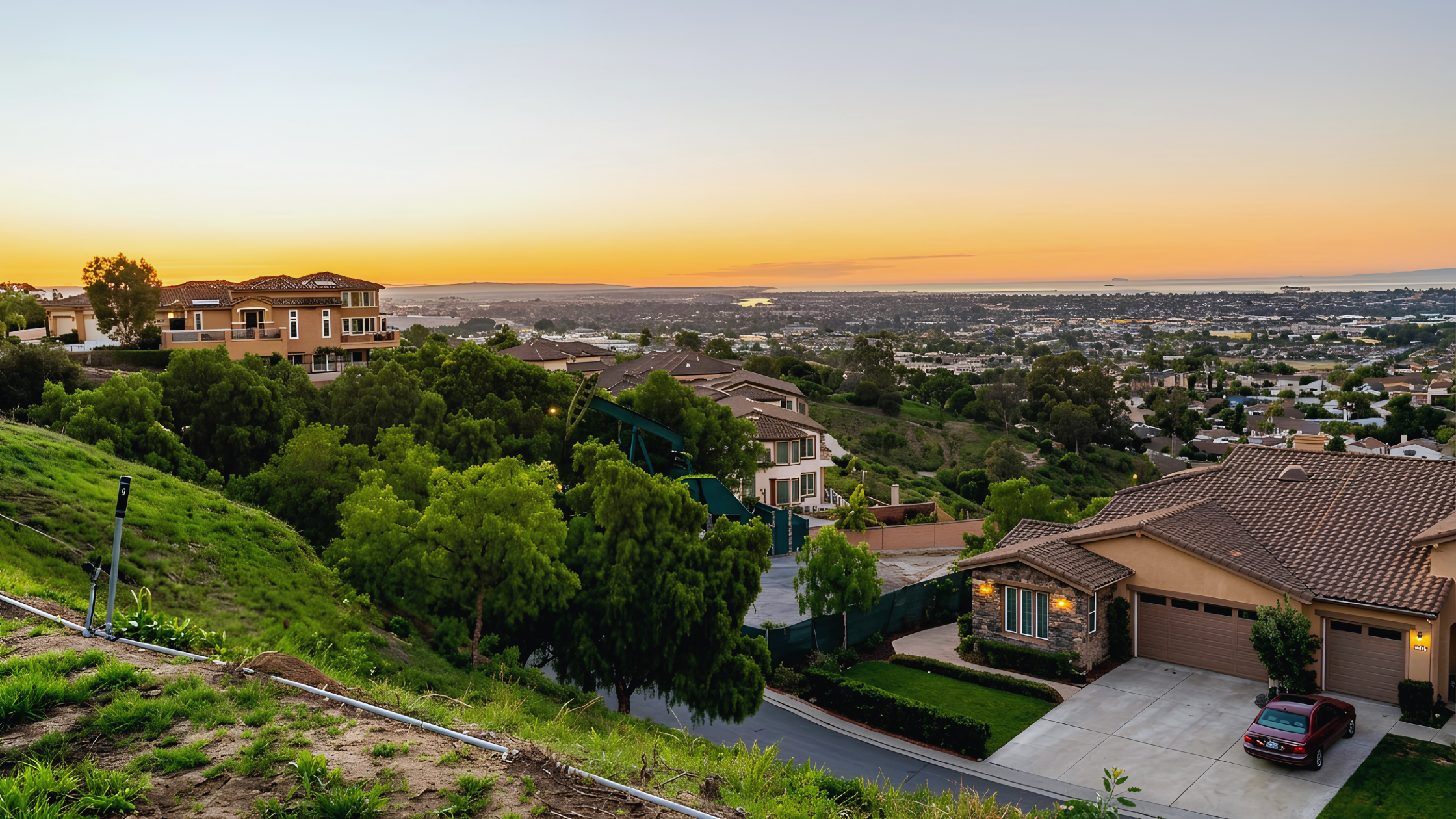 Signal Hill hillside homes with a sunset view over Long Beach and the coast