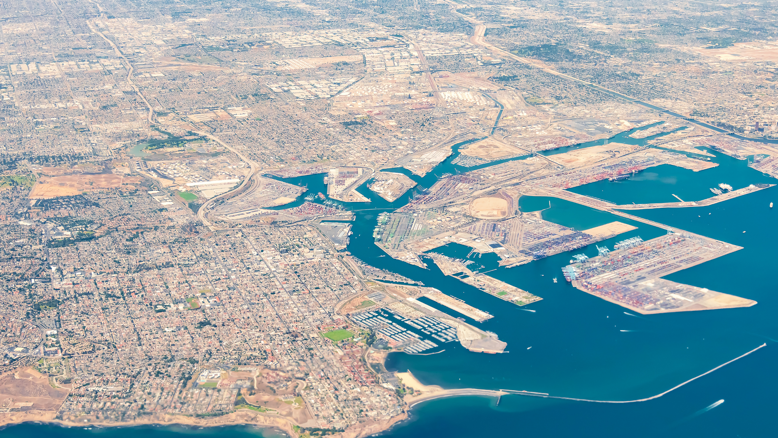 Aerial view over Wilmington, the Port of Los Angeles, Terminal Island, and the surrounding Harbor Area