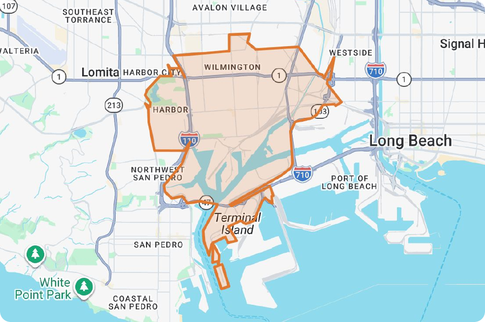 Map of Wilmington, Terminal Island, and nearby Harbor Area corridors